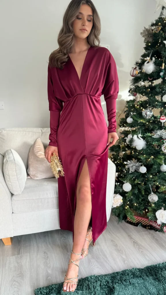 COPPEROSE Fitted Dresses | Going Out Dresses^Sienna Burgundy V Neck Midi Dress