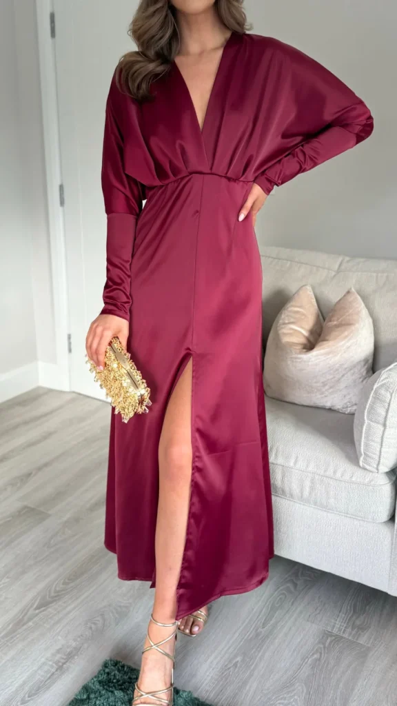COPPEROSE Fitted Dresses | Going Out Dresses^Sienna Burgundy V Neck Midi Dress