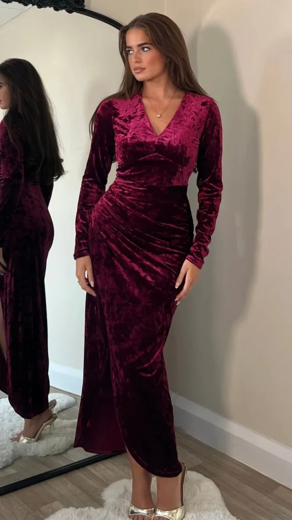 GIRL IN MIND Fitted Dresses | Going Out Dresses^Sigourney Burgundy Velvet Asymmetric Wrap Midi Dress