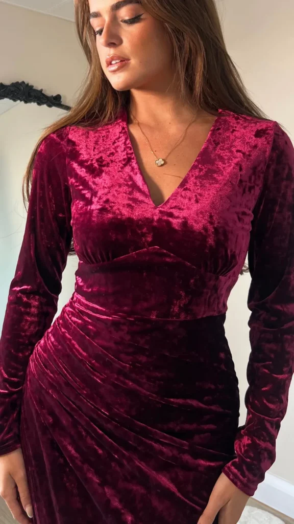 GIRL IN MIND Fitted Dresses | Going Out Dresses^Sigourney Burgundy Velvet Asymmetric Wrap Midi Dress