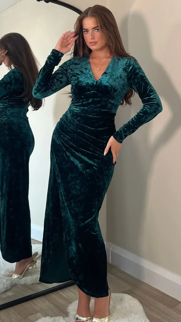 GIRL IN MIND Fitted Dresses | Going Out Dresses^Sigourney Forest Green Velvet Asymmetric Wrap Midi Dress