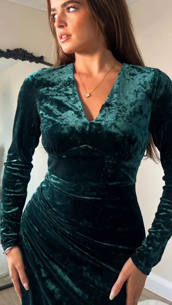 GIRL IN MIND Fitted Dresses | Going Out Dresses^Sigourney Forest Green Velvet Asymmetric Wrap Midi Dress