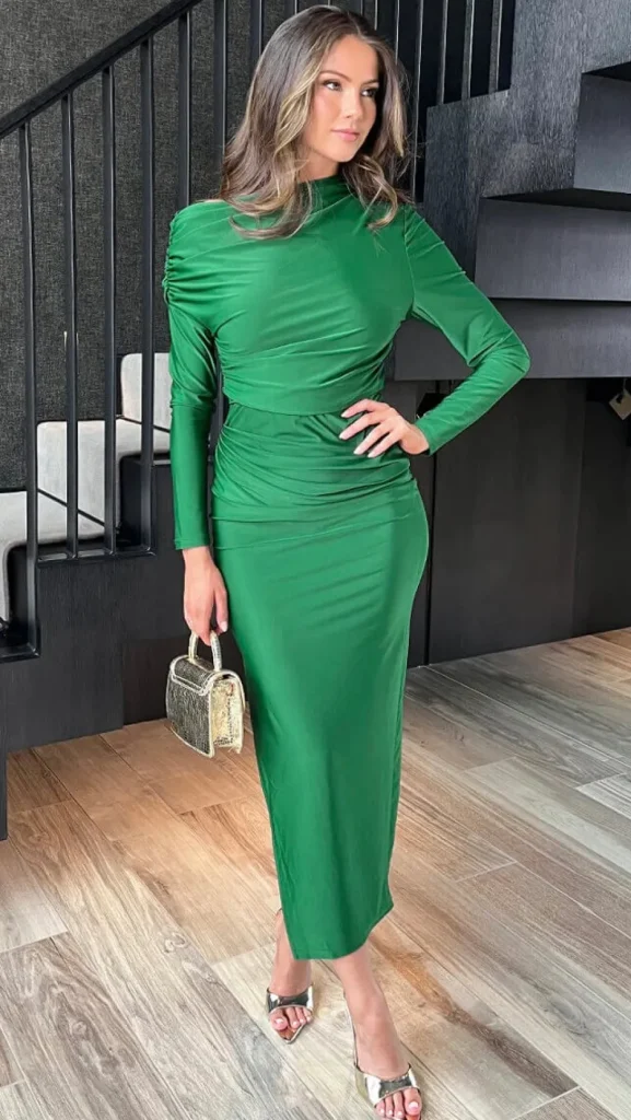 AX PARIS Going Out Dresses | Occasion Dresses^Silvia Green Off The Shoulder Long Sleeved Draped Midi Dress