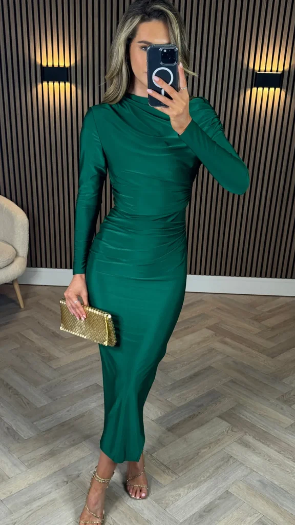 AX PARIS Going Out Dresses | Occasion Dresses^Silvia Green Off The Shoulder Long Sleeved Draped Midi Dress
