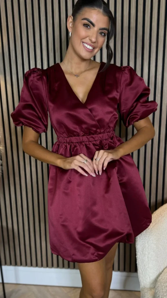 XThree Going Out Dresses | Mini Dresses^Simona Cherry Red Puff Sleeve Sateen Mini Dress