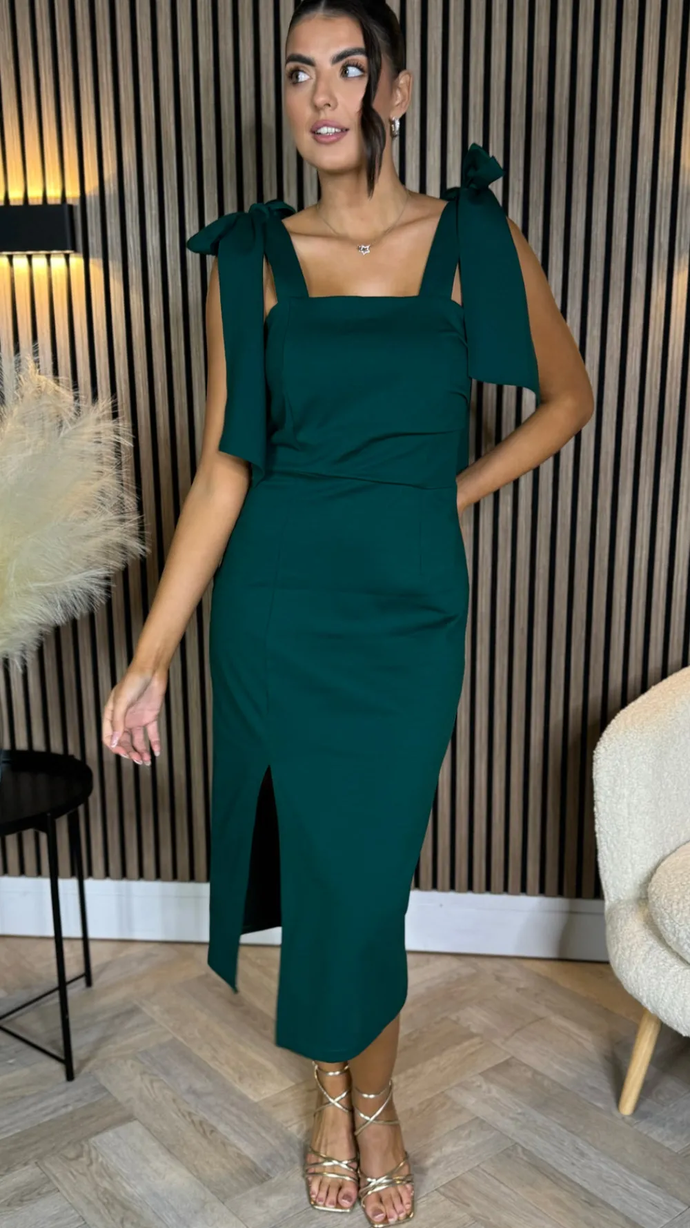 siofra_forest_green_tie_d_2.webp MS FASHION Going Out Dresses | Occasion Dresses^Siofra Forest Green Tie Detail Square Neckline Midi Dress