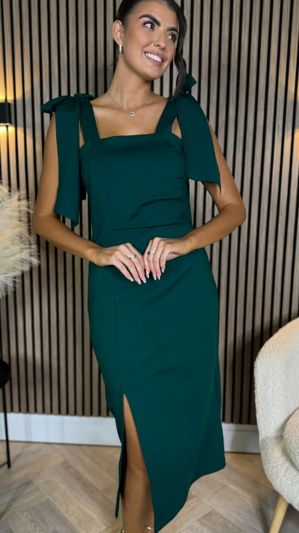 siofra_forest_green_tie_d_6.webp MS FASHION Going Out Dresses | Occasion Dresses^Siofra Forest Green Tie Detail Square Neckline Midi Dress