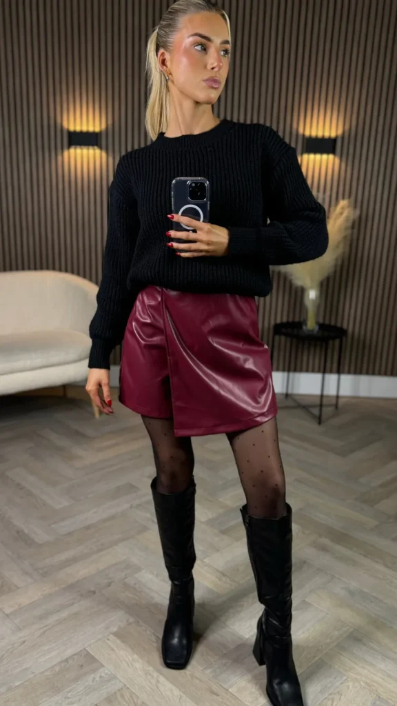 ELENZA Skirts & Shorts^Sofia Burgundy Wrap Detail Leather Look Skort
