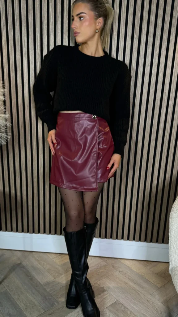 ELENZA Skirts & Shorts^Sofia Burgundy Wrap Detail Leather Look Skort