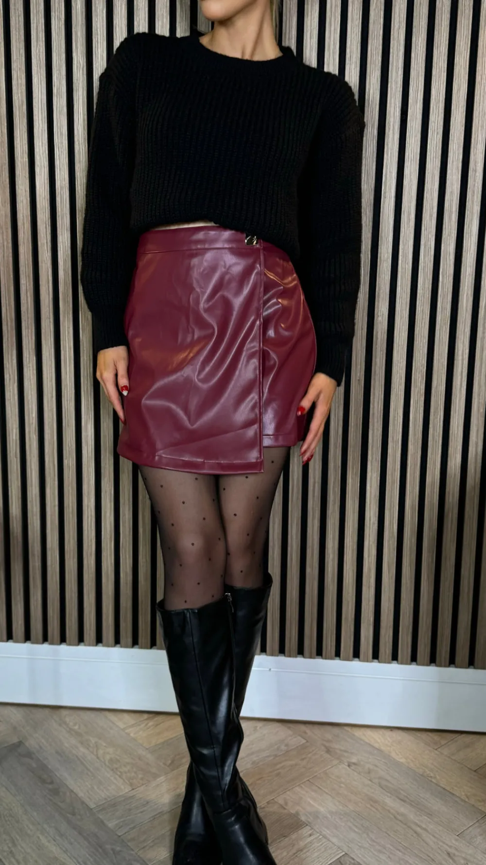 sofia_burgundy_wrap_detai_3.webp ELENZA Skirts & Shorts^Sofia Burgundy Wrap Detail Leather Look Skort