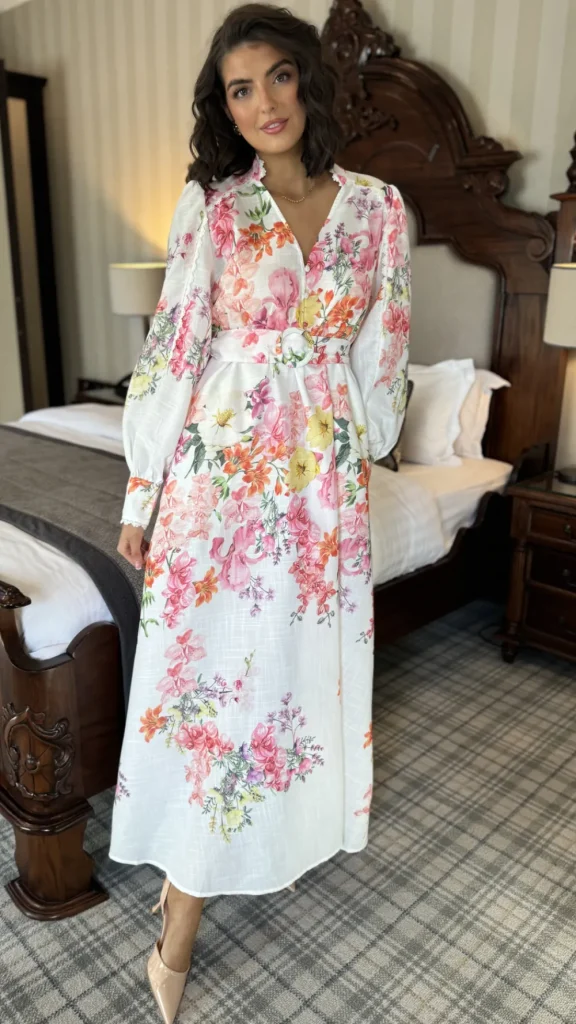 TIMELY Occasion Dresses | Midi Dresses^Stacie Pink Floral Printed V Neckline Belted Midi Dress