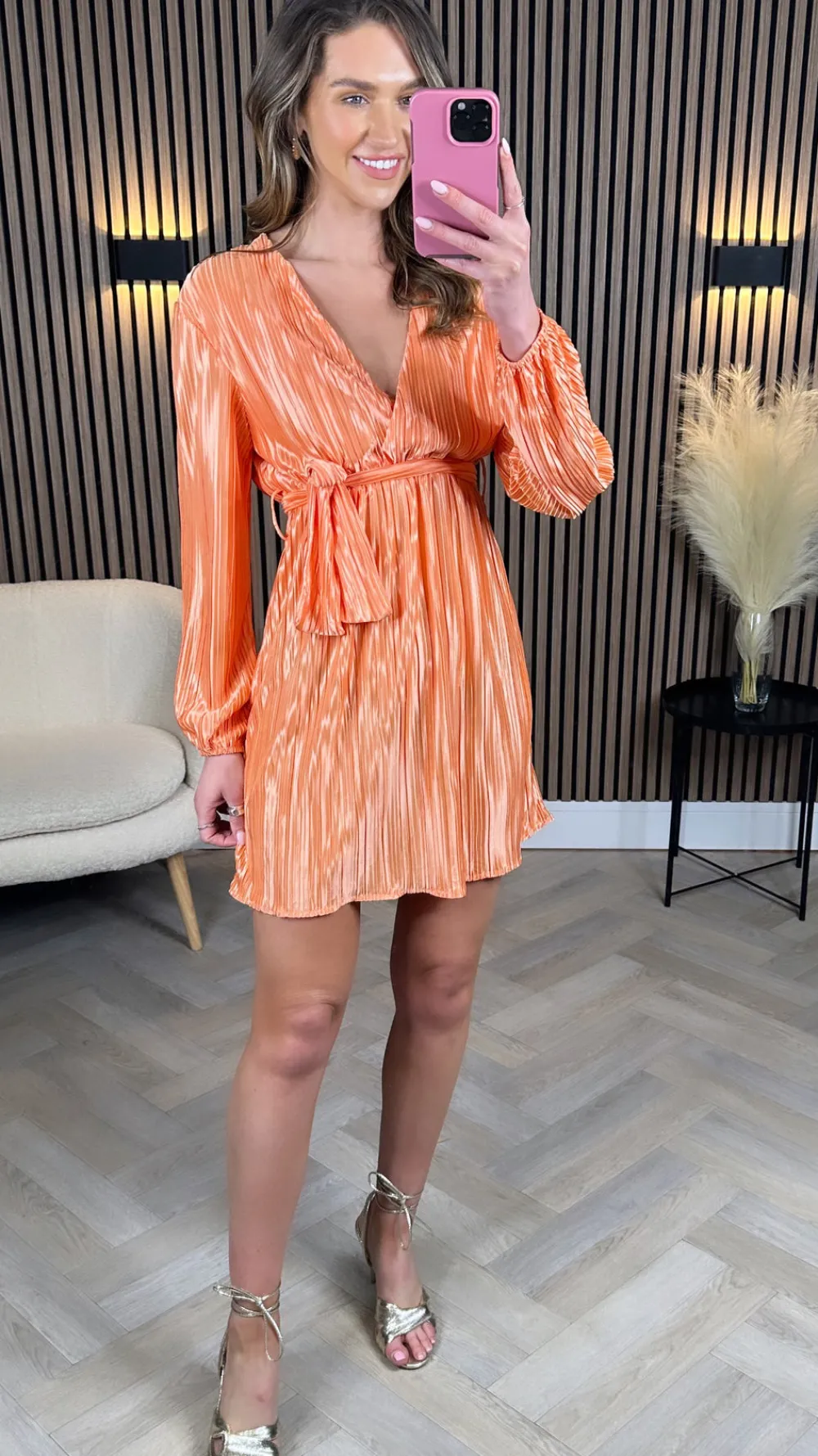 summer_orange_plisse_belt_4.webp LUCCE Going Out Dresses | Occasion Dresses^Summer Orange Plisse Belted Mini Dress