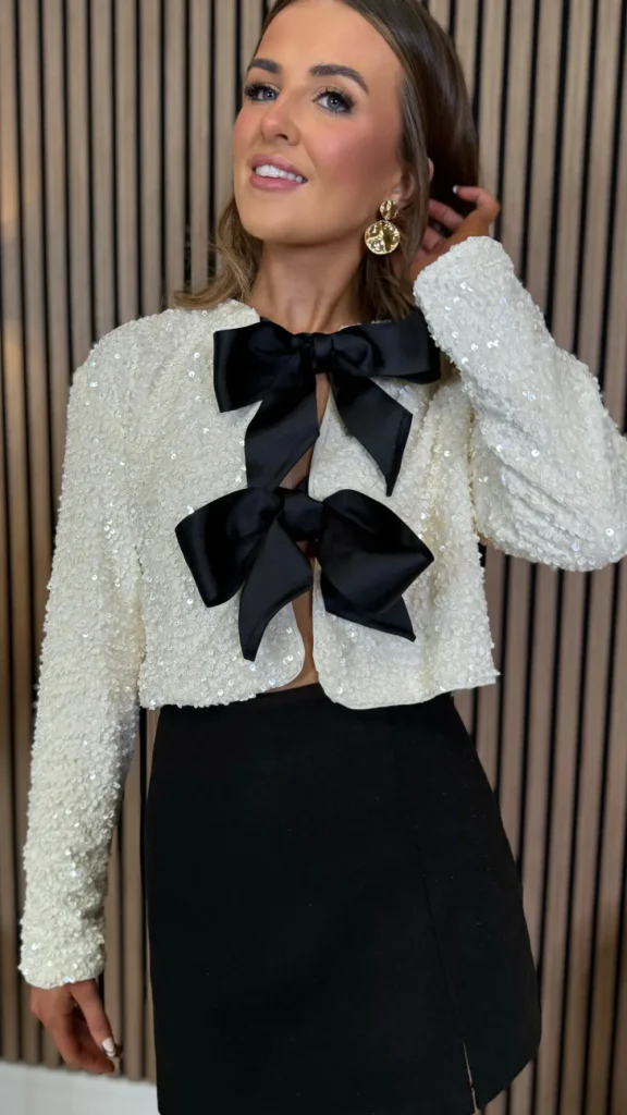 ALLYSON Tops^Tahlia Beige Sequin With Black Bow Detail Top