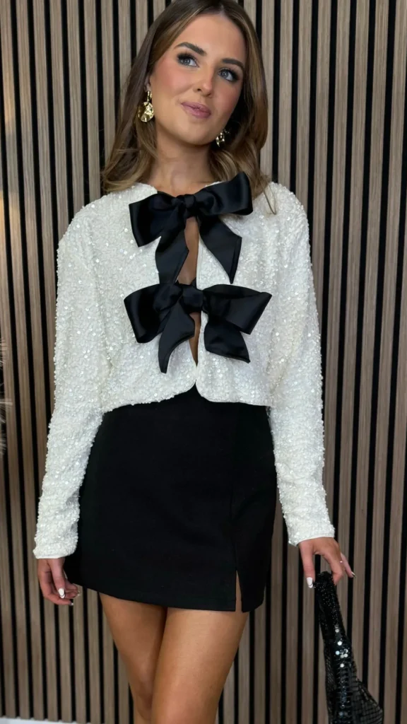 ALLYSON Tops^Tahlia Beige Sequin With Black Bow Detail Top