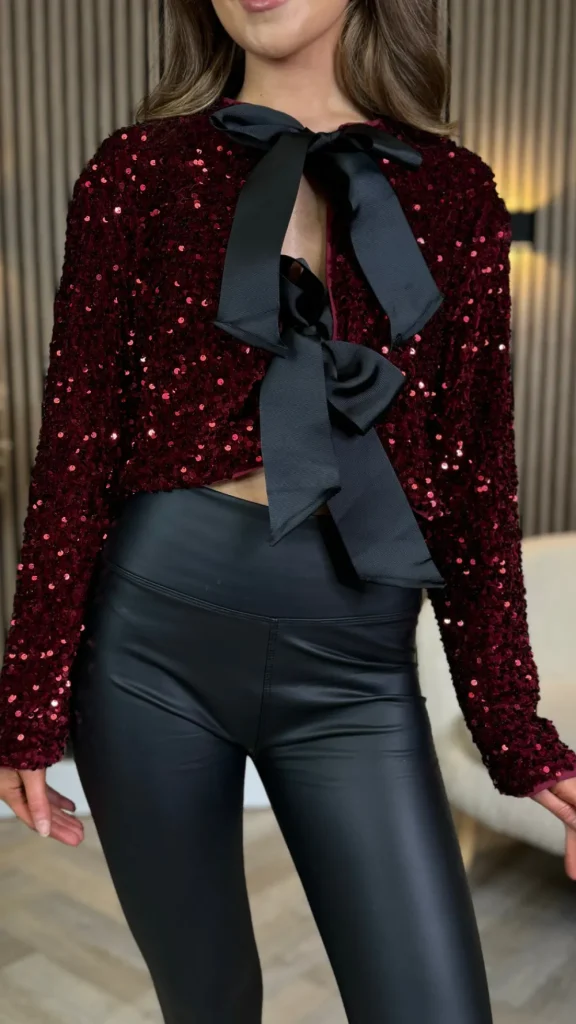 ALLYSON Tops^Tahlia Burgundy Sequin With Bow Detail Top