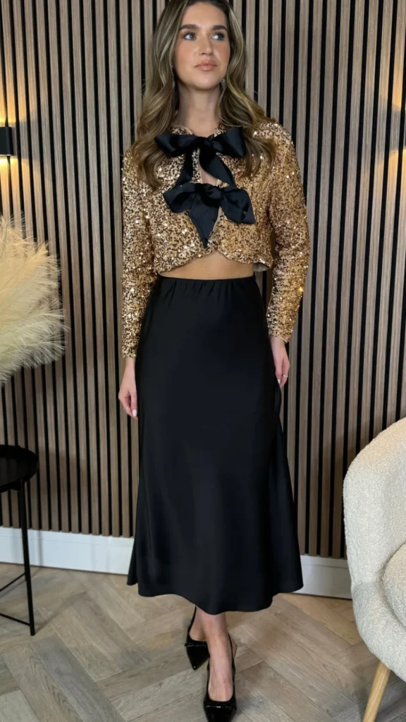 ALLYSON Tops^Tahlia Gold Sequin With Black Bow Detail Top