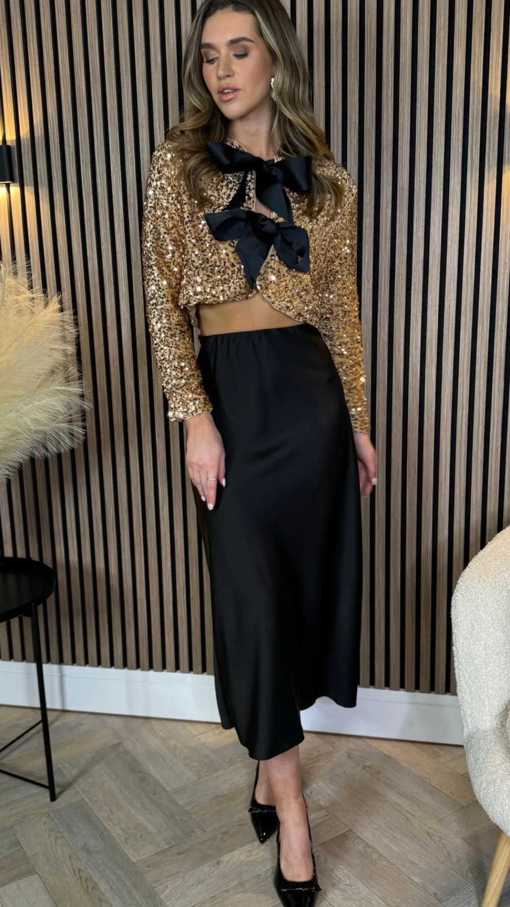 tahlia_gold_sequin_with_b_6.webp ALLYSON Tops^Tahlia Gold Sequin With Black Bow Detail Top