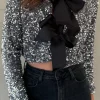 ALLYSON Tops^Tahlia Silver Sequin With Black Bow Detail Top