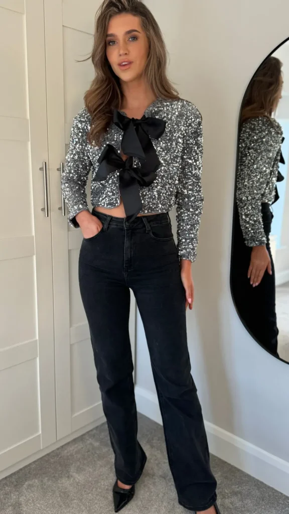 ALLYSON Tops^Tahlia Silver Sequin With Black Bow Detail Top