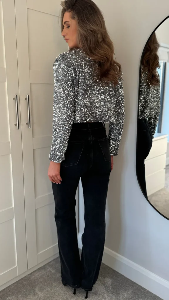 ALLYSON Tops^Tahlia Silver Sequin With Black Bow Detail Top
