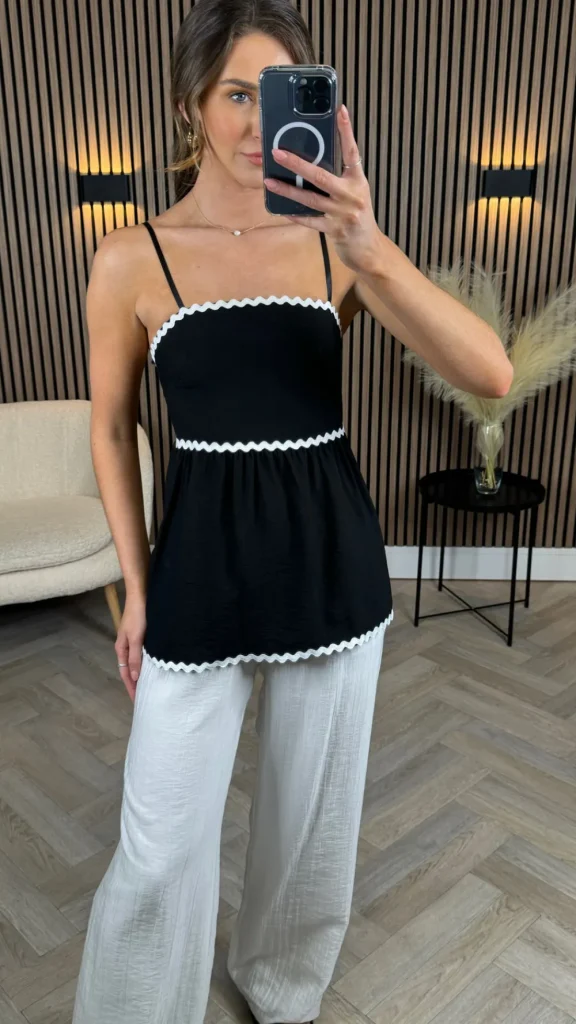 COPPEROSE Tops^Talia Black & White Trimmed Cami Strap Top