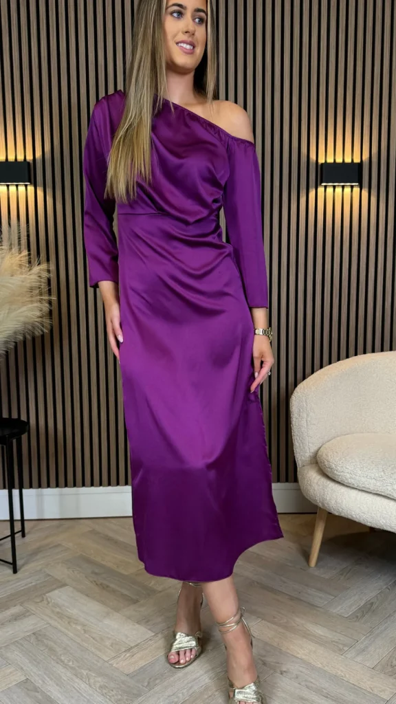 LORIANE Going Out Dresses | Occasion Dresses^Tamera Purple Off The Shoulder Long Sleeved Ruched Midi Dress