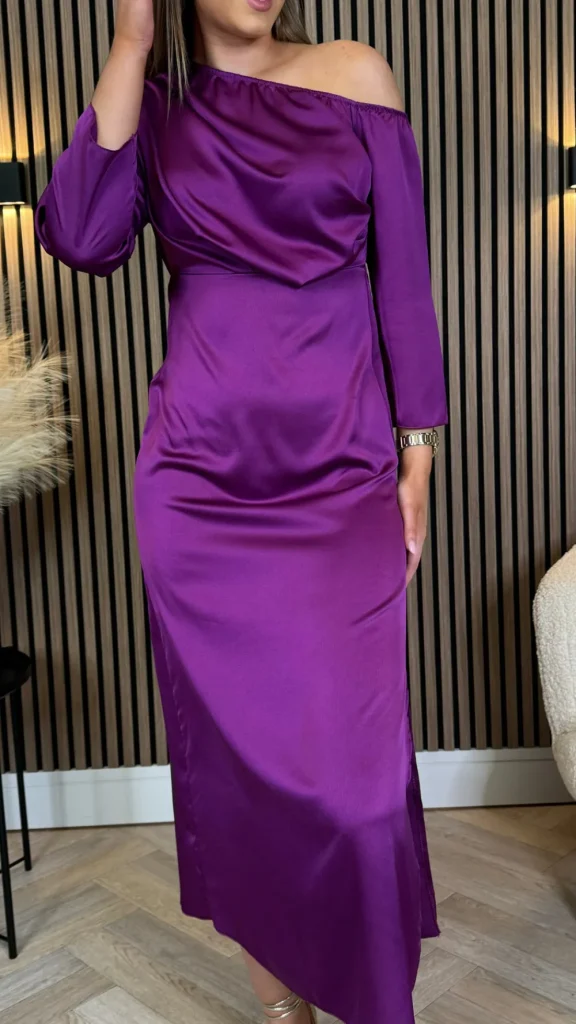 LORIANE Going Out Dresses | Occasion Dresses^Tamera Purple Off The Shoulder Long Sleeved Ruched Midi Dress