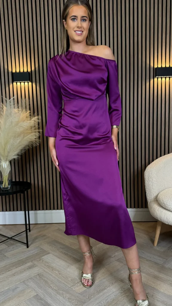LORIANE Going Out Dresses | Occasion Dresses^Tamera Purple Off The Shoulder Long Sleeved Ruched Midi Dress