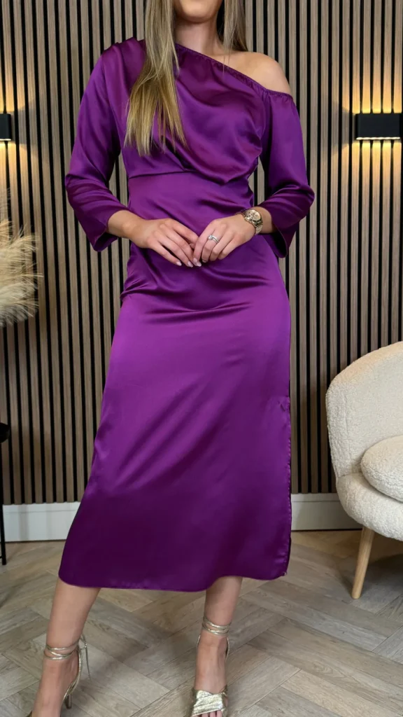 LORIANE Going Out Dresses | Occasion Dresses^Tamera Purple Off The Shoulder Long Sleeved Ruched Midi Dress
