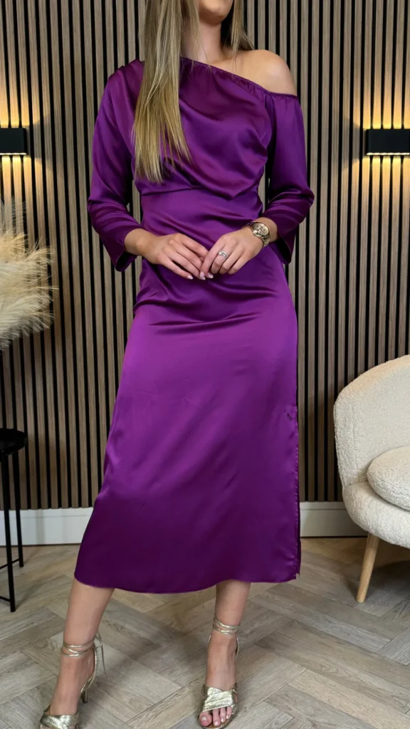 LORIANE Going Out Dresses | Occasion Dresses^Tamera Purple Off The Shoulder Long Sleeved Ruched Midi Dress