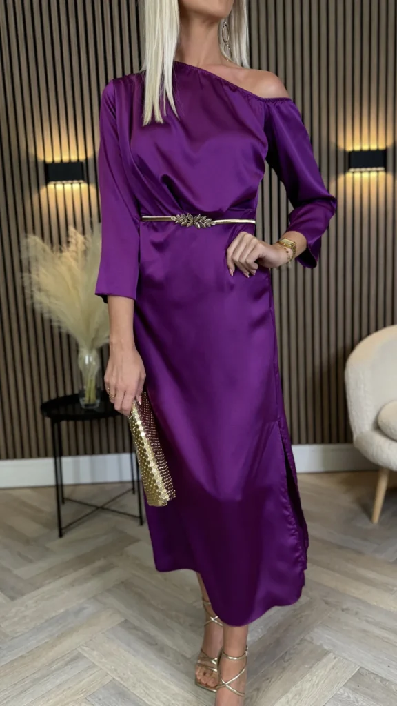 LORIANE Going Out Dresses | Occasion Dresses^Tamera Purple Off The Shoulder Long Sleeved Ruched Midi Dress