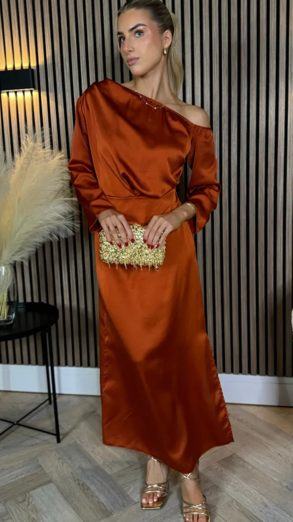 LORIANE Going Out Dresses | Occasion Dresses^Tamera Rust Off The Shoulder Long Sleeved Ruched Midi Dress