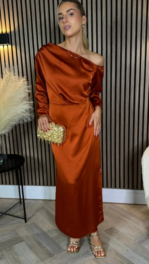LORIANE Going Out Dresses | Occasion Dresses^Tamera Rust Off The Shoulder Long Sleeved Ruched Midi Dress