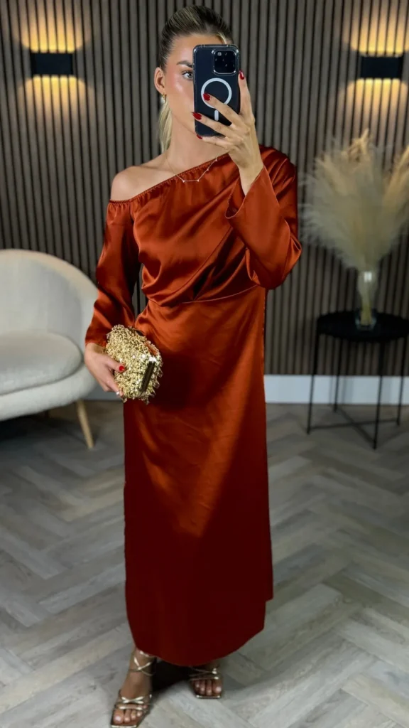 LORIANE Going Out Dresses | Occasion Dresses^Tamera Rust Off The Shoulder Long Sleeved Ruched Midi Dress