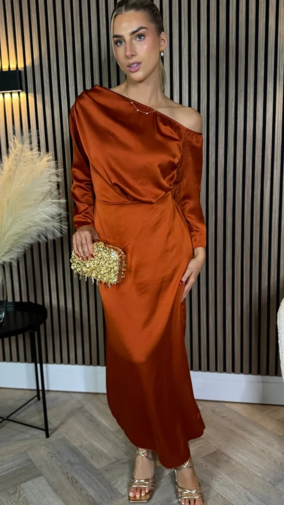LORIANE Going Out Dresses | Occasion Dresses^Tamera Rust Off The Shoulder Long Sleeved Ruched Midi Dress