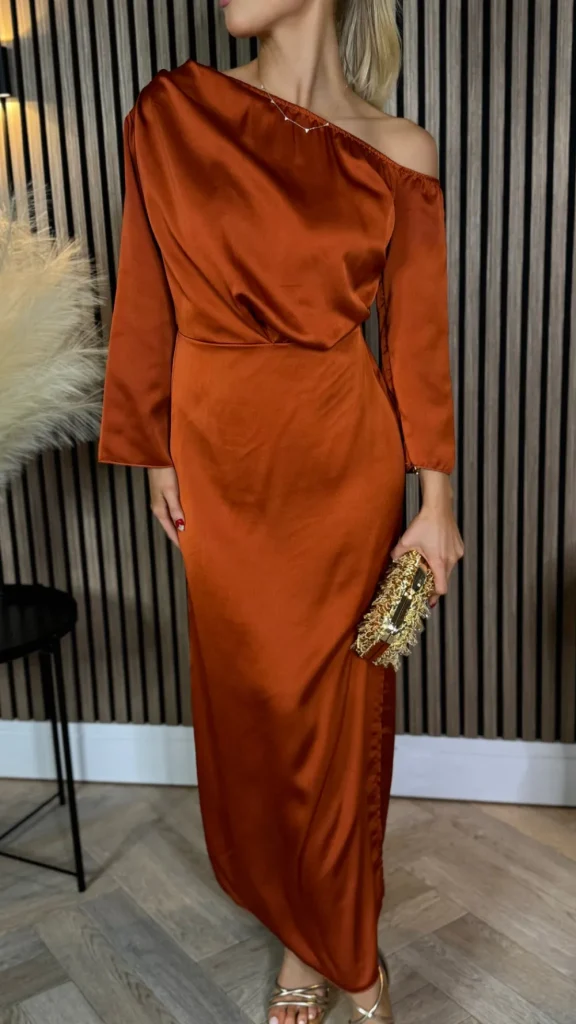 LORIANE Going Out Dresses | Occasion Dresses^Tamera Rust Off The Shoulder Long Sleeved Ruched Midi Dress