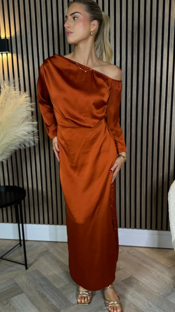 LORIANE Going Out Dresses | Occasion Dresses^Tamera Rust Off The Shoulder Long Sleeved Ruched Midi Dress