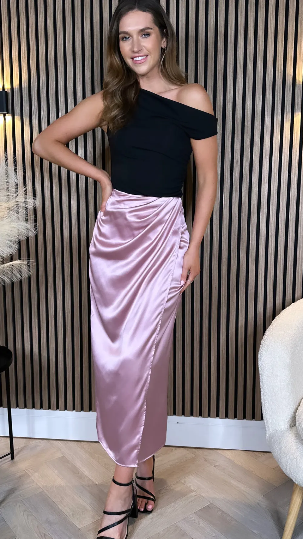 tarana_baby_pink_wrap_eff_1.webp VERA LUCY Skirts & Shorts^Tarana Baby Pink Wrap Effect Satin Midi Skirt