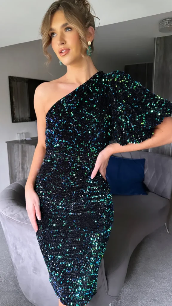GIRL IN MIND Going Out Dresses | Occasion Dresses^Tennessee Green & Black Velvet Sequin One Shoulder Midi Dress