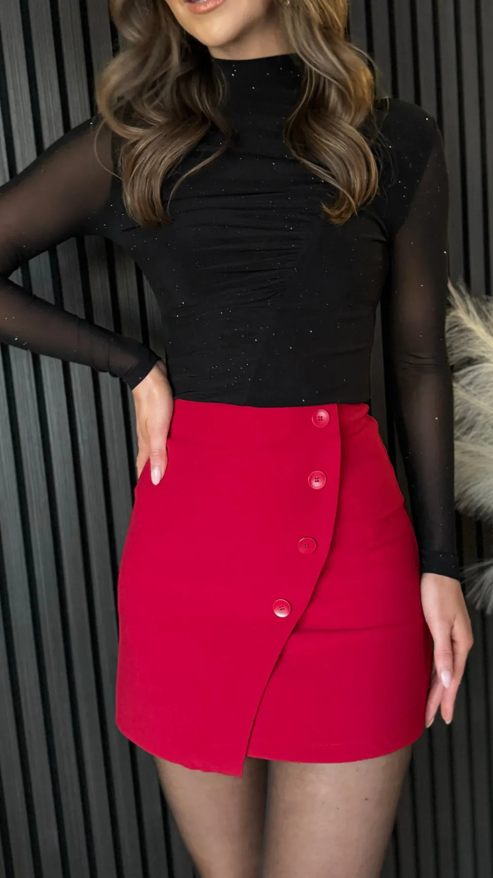 terrie_red_wrap_style_but_1.webp FEELKOO Skirts & Shorts^Terrie Red Wrap Style Button Detail Mini Skirt