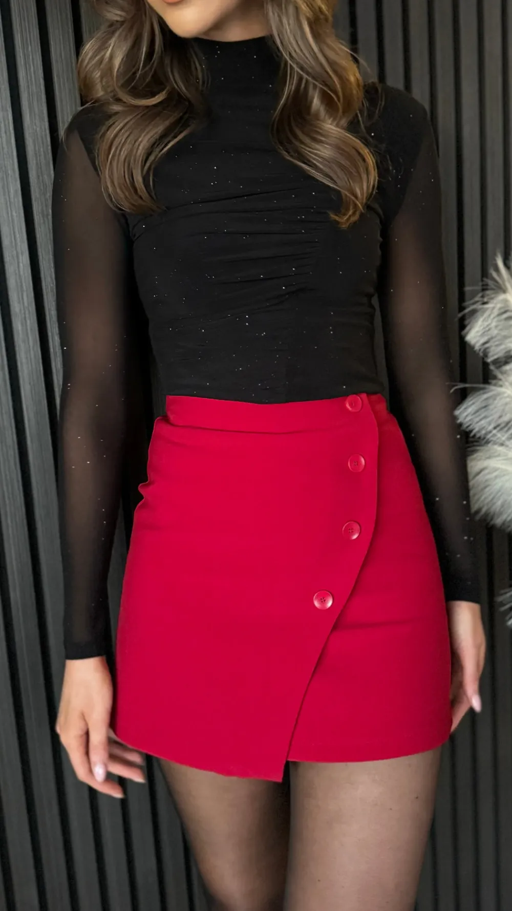 terrie_red_wrap_style_but_3.webp FEELKOO Skirts & Shorts^Terrie Red Wrap Style Button Detail Mini Skirt