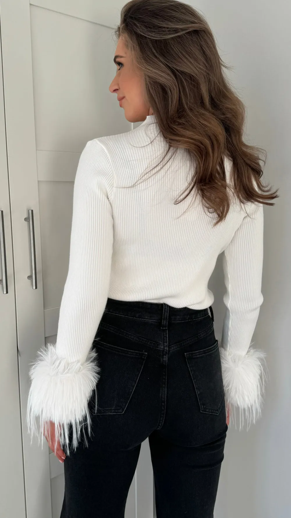 tina_white_ribbed_high_ne_4.webp LUCCE Knitwear^Tina White Ribbed High Neck Feather Detail Cuff Jumper