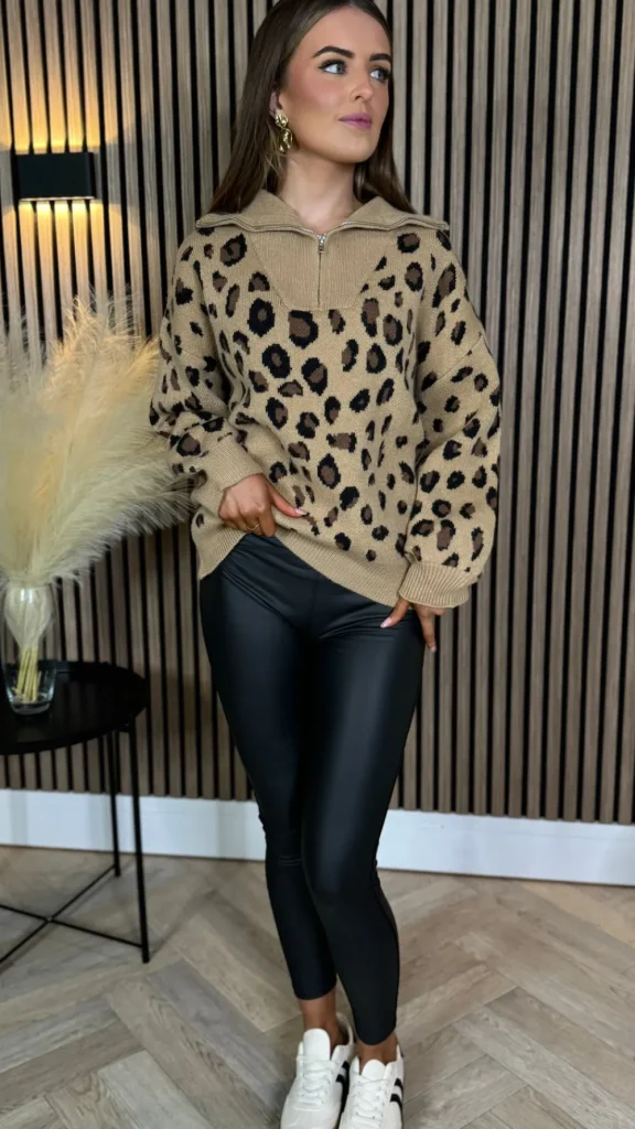 LILY ROSE BY FJ Knitwear^Udessa Beige & Black Leopard Print 1/4 Zip Roll Neck Jumper