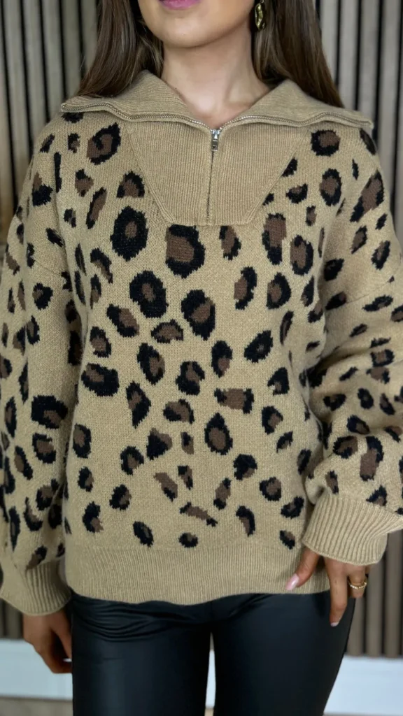 LILY ROSE BY FJ Knitwear^Udessa Beige & Black Leopard Print 1/4 Zip Roll Neck Jumper