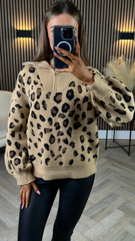 LILY ROSE BY FJ Knitwear^Udessa Beige & Black Leopard Print 1/4 Zip Roll Neck Jumper
