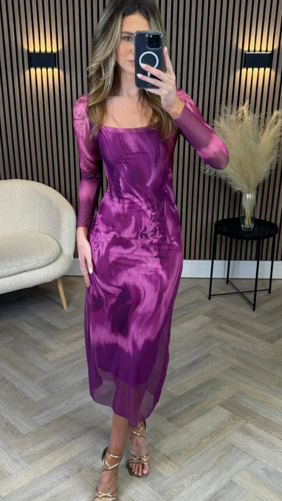 COPPEROSE Fitted Dresses | Going Out Dresses^Unabelle Purple Printed Square Neckline Midi Dress