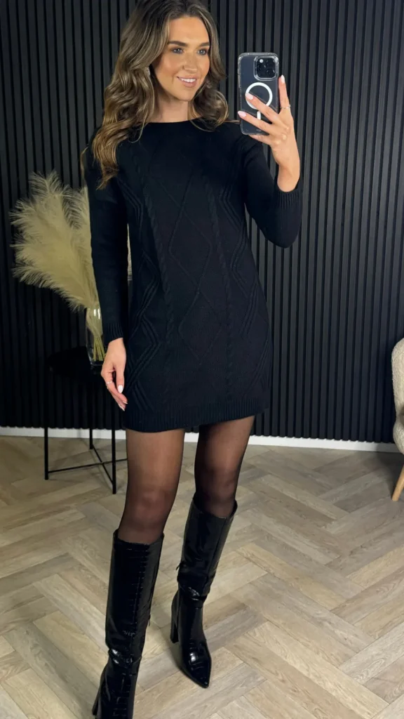 ESTEE BROWN Knitwear | Mini Dresses^Valencia Black Cable Knit Patterned Jumper Dress