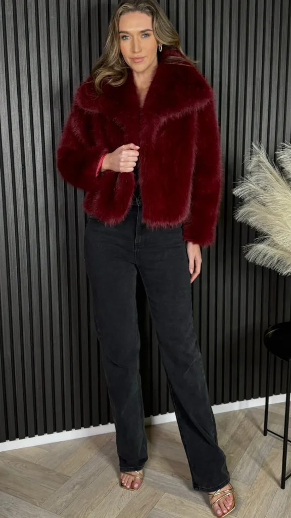 CIAO MILANO Coats & Jackets^Valentina Dark Red Collared Fur Jacket