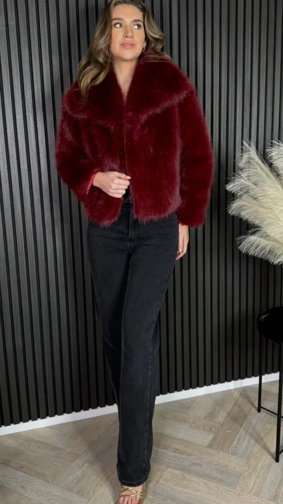 CIAO MILANO Coats & Jackets^Valentina Dark Red Collared Fur Jacket