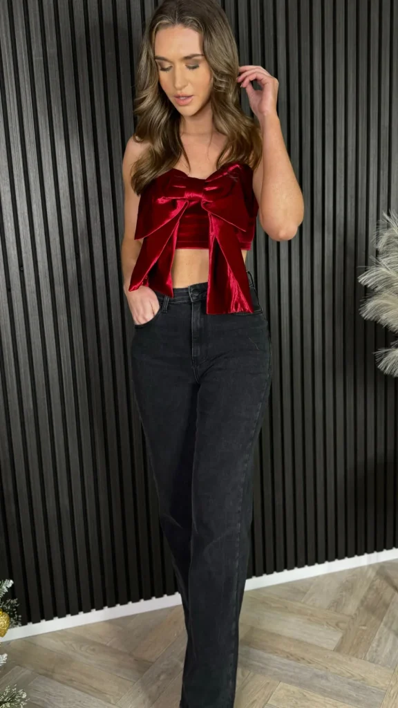 L'ESSENTIAL Tops^Vanity Burgundy Velvet Bow Detail Top